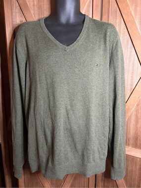TOMMY HILFIGER Pima Cotton Cashmere V-Neck Sweater Olive Green SIZE XXL